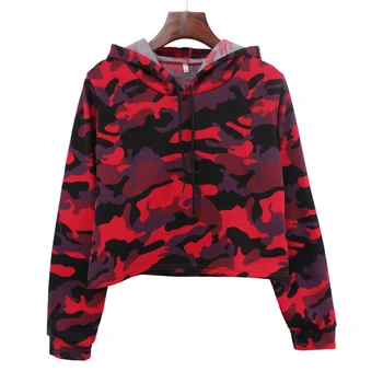 

Camouflage Women Long Sleeve Midriff-baring Short Hoodie Top Thickened Pullover