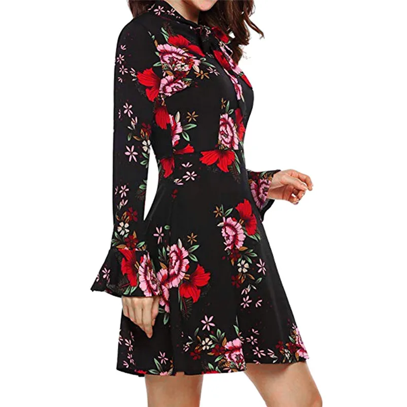 Fashion Autumn summer dress 2018 casual Flare elegant dress Long Sleeve O-Neck Floral Printed Mini party Dress vestido A27#N (15)