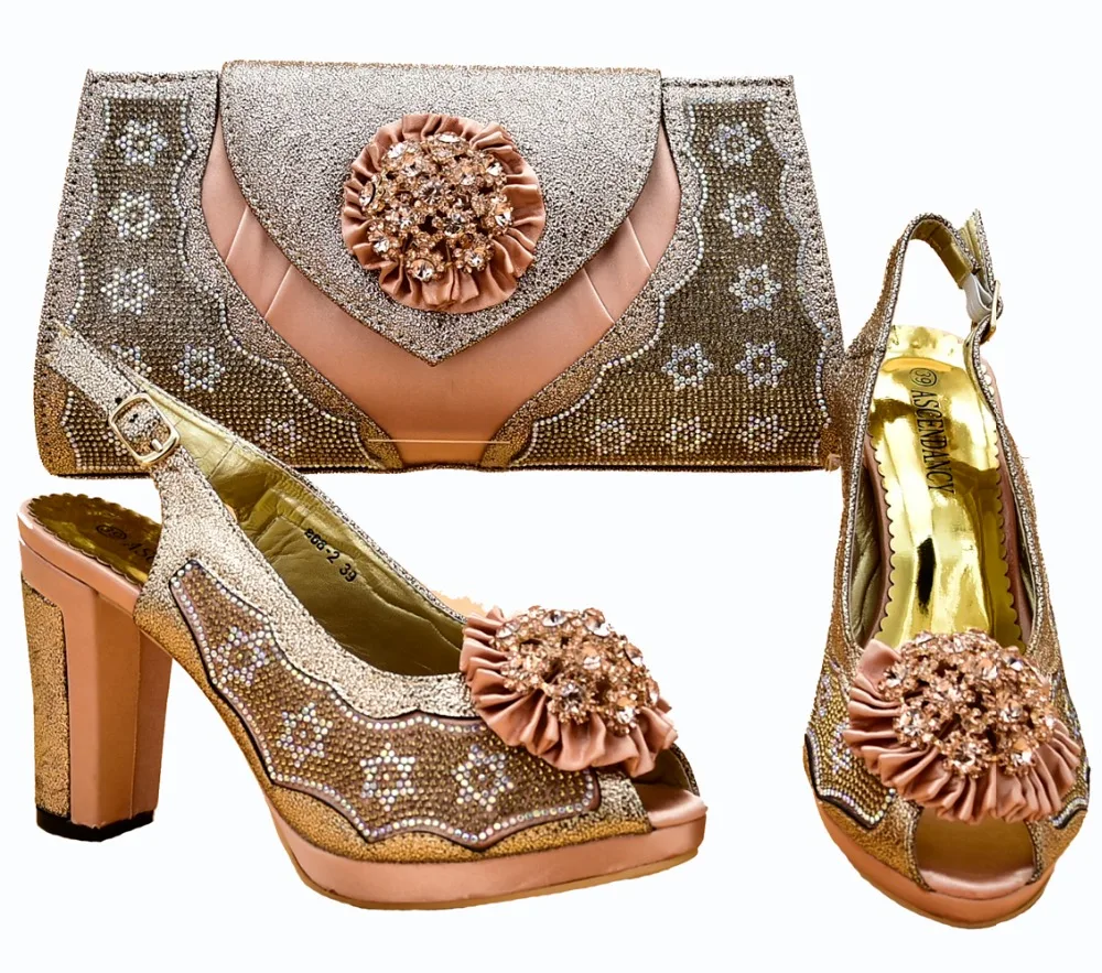 

African aso ebi gold wedding party shoe and bag matching set 2018 italy design shoes and bag to match women in gold SB8262-3