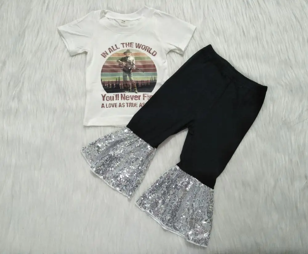 

Girls Fashion Short Sleeve Trousers Flare Pants Sequin Design White T-Shirt Hot stamping Pattern Children's suit