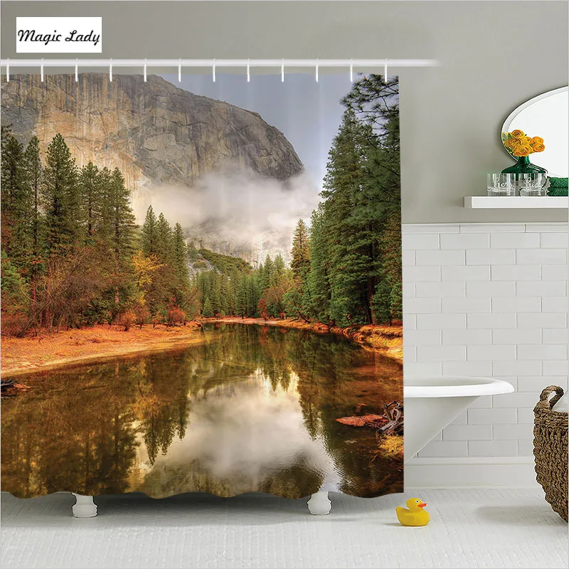 Shower Curtain Mountains Bathroom Accessories Trees River Yosemite