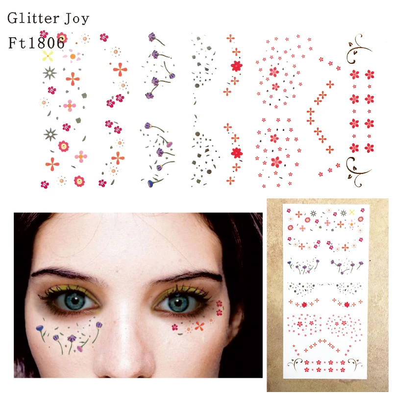 FT1806 Metallic Silver with Colored Flower Freckles Face Tattoo Sticker for Body Makeup inpsired