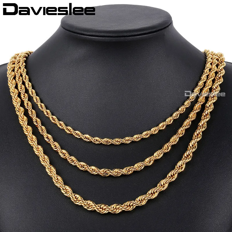 Davieslee Hip Hop Mens Chain Rope Link Womens Necklace Gold Filled