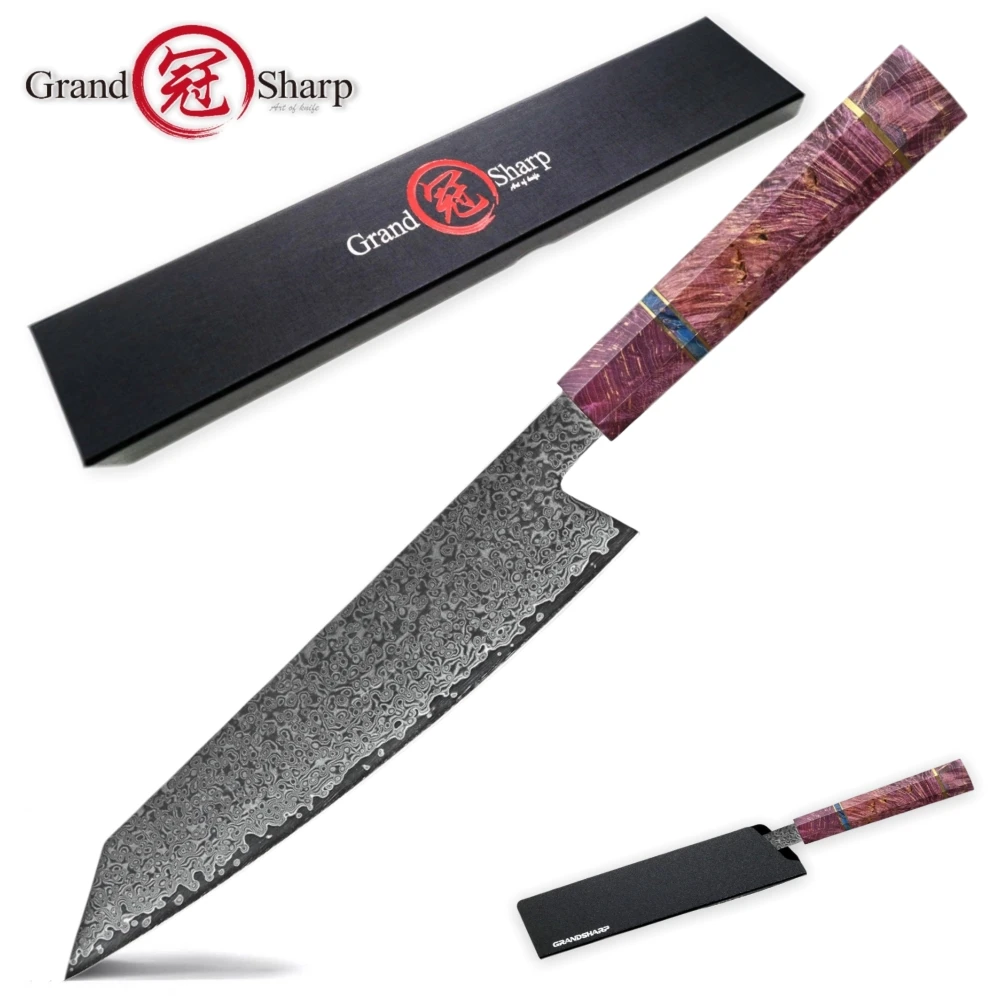 Дамасский кухонный нож 67 слоев японский дамасский стальной нож шеф-повара фиолетовая линия затвердеваемая деревянная ручка лучший