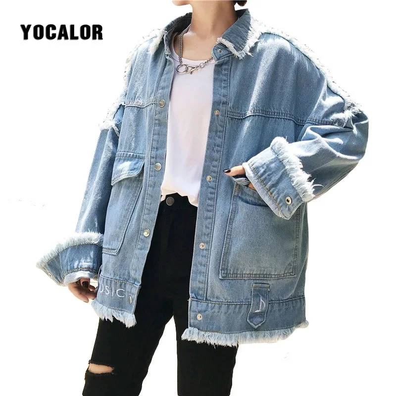 YOCALOR Women Basic Denim Jacket Oversized Long Sleeve Loose Female