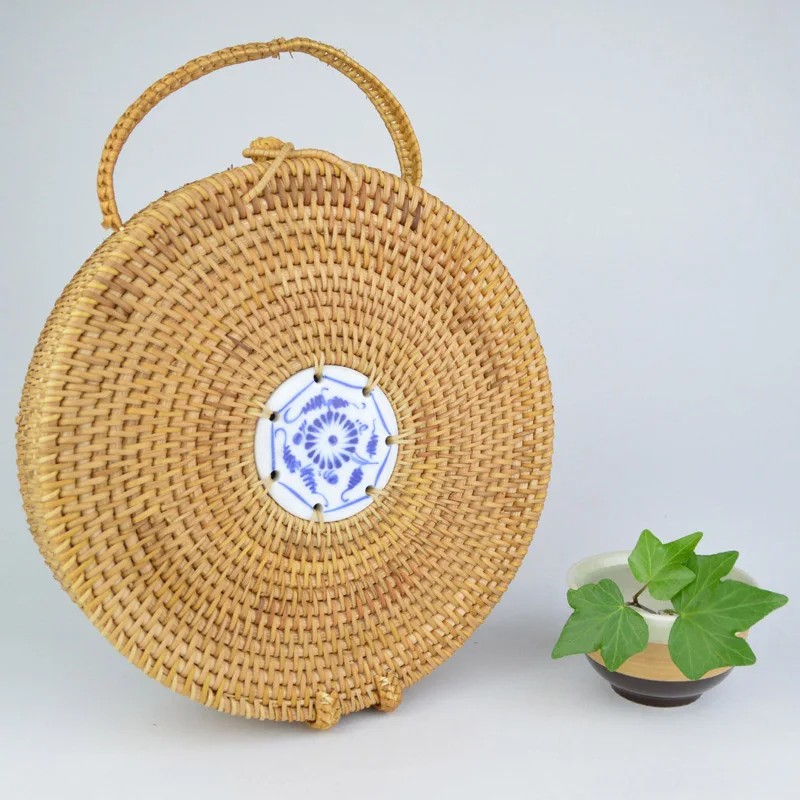 Women Straw Bag Circle Summer Female Beach Bag Porcelain Design Travel Lady Handbag Rattan Tote Knitted Hand Bag Handmade SS3014 (1)