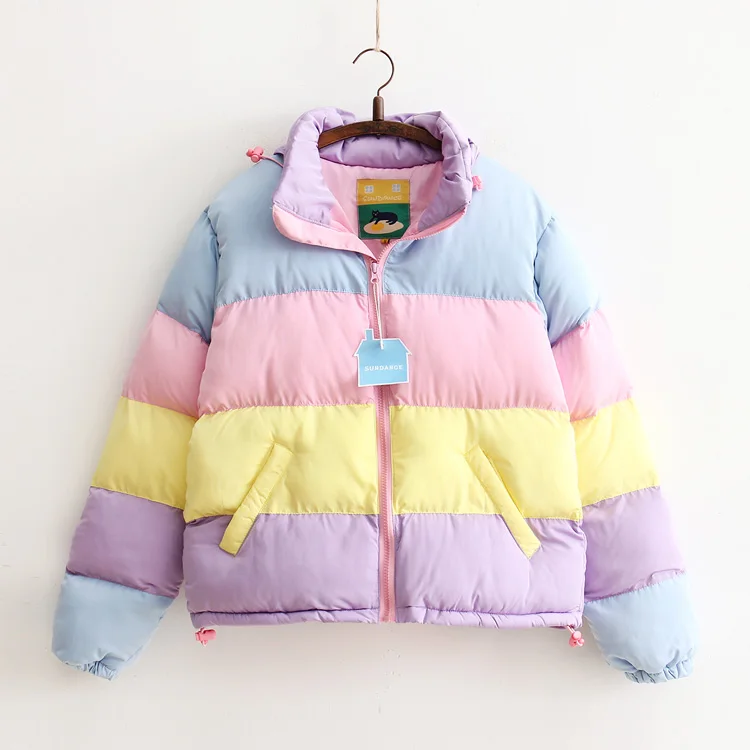 

Rainbow Pastel Color Winter and Spring Jacket Parka Women Harajuku Oversized Cotton Puff Padded Jacket