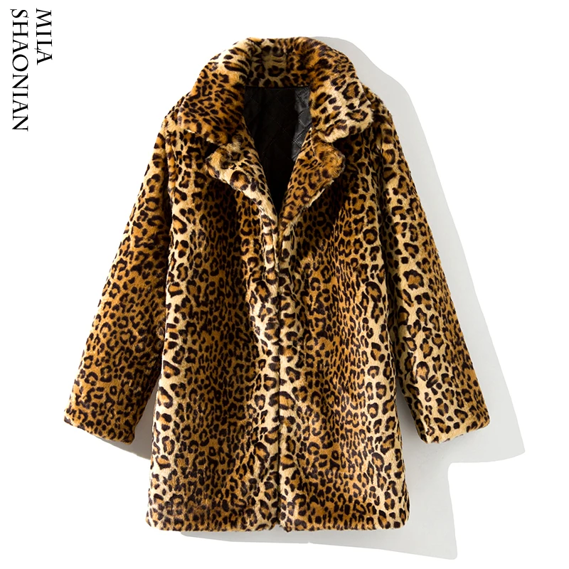 

Fashion Winter Wolf Fur Women Leopard Print Coats Thick Streetwear Open Stitch Warm Ladies Jackets With Pockets Warm Loose Coat