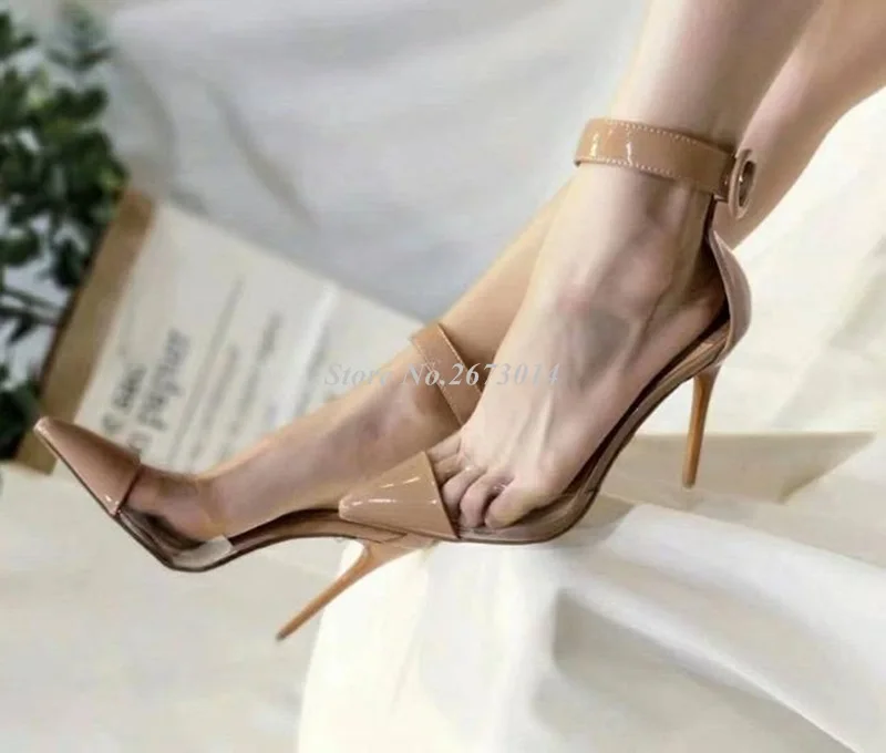 

Hot Selling Nude Patent Leather Pumps Women Shoes Pointed Toe Ankle Strap Clear PVC Women Shoes High Heels Plus Size Customized