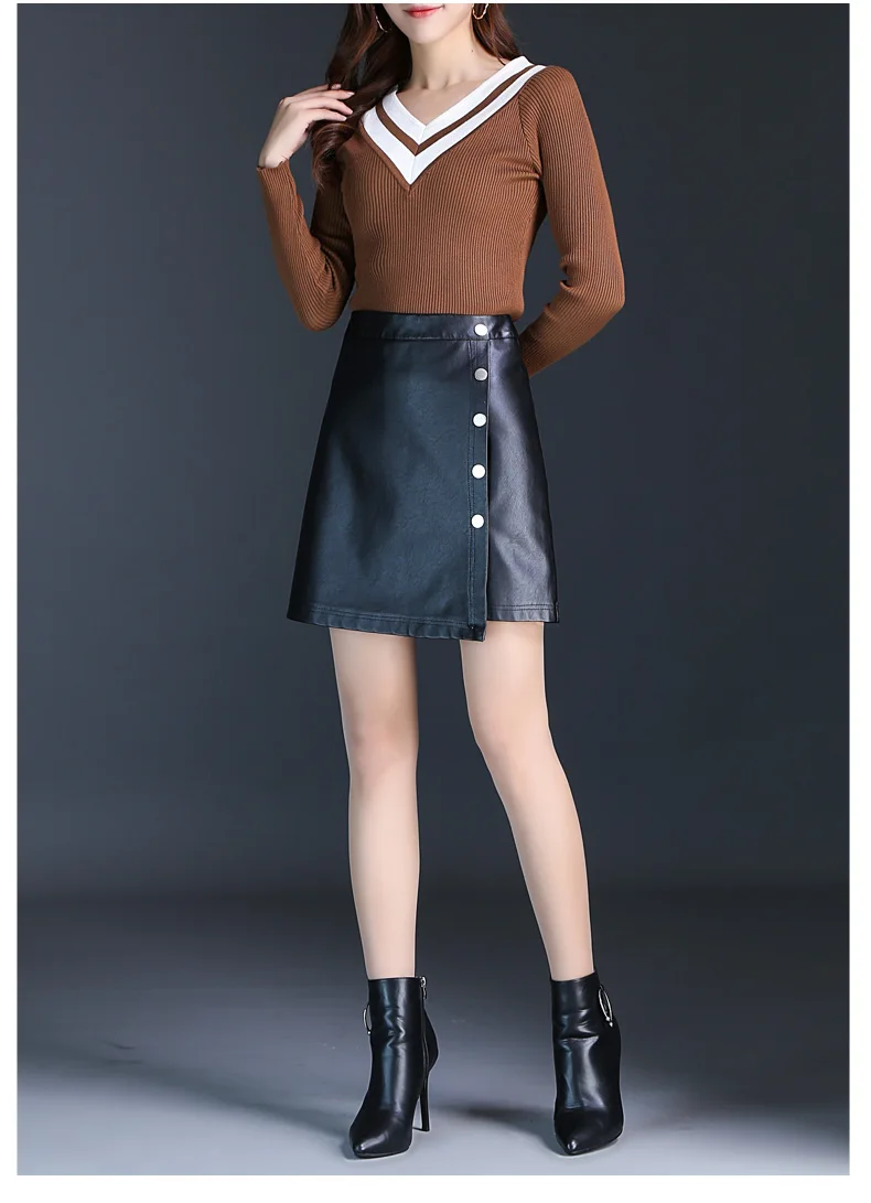 Прошитая Асимметричная юбка из искусственной кожи, женская черная юбка с завышенной талией и пуговицами, Осень-зима, мини-S-3XL, Женская нестандартная юбка