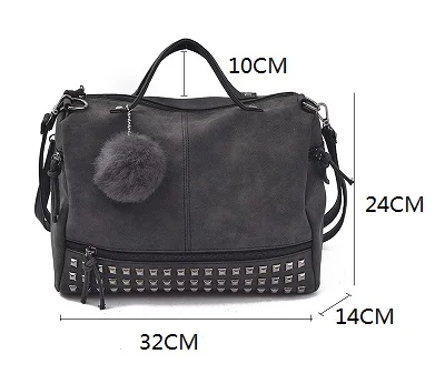 MJ Brand Design Women Handbag Fashion Suede Leather Top-Handle Bags Hair Ball Rivets Shoulder Bag Large Motorcycle Messenger Bag (43)