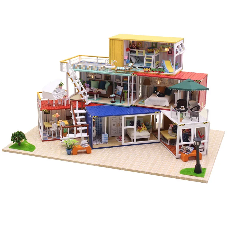 Hoomeda 13843Z 3D Wooden Puzzle DIY Handmade Container Home With Music Cover Light DIY Dollhouse Kit 3D Japanese Style