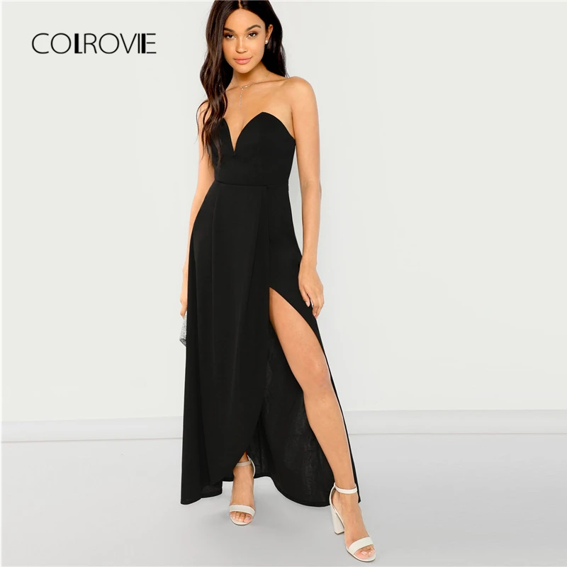 

COLROVIE Black Solid Zip Up Slim Split Sexy Dress Women 2018 Autumn Sleeveless Party Dress Girl Elegant Evening Maxi Dresses