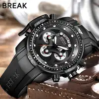BREAK Top Luxury ยี่ห้อผู้ชายแฟชั่นที่ไม่ซ้ำกันยาง Band นาฬิกาข้อมือกีฬาควอตซ์กันน้ำ Chronograph ปฏิทินนาฬิกา