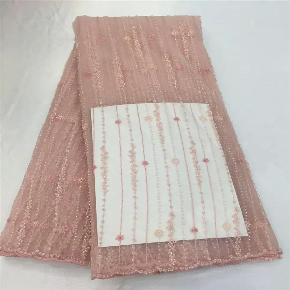 

Best Selling French Style African Net Lace Pink Beaded And Sequin Embroidered Net Lace Fabric For Lady X622-1