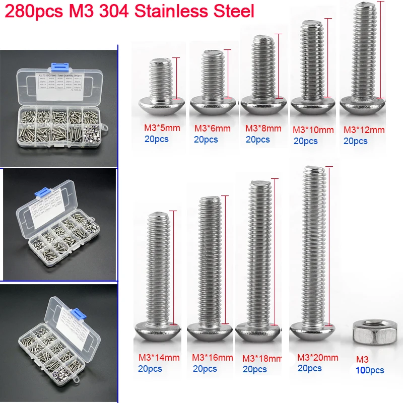 

280pcs M3 304 Stainless Steel Hex Socket Button Head Screws Locknuts Set W/ Box
