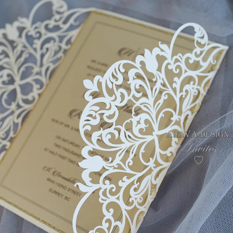 Luxury Ivory and champagne laser cut pocket invitation with dior bow and  pearl embelishment