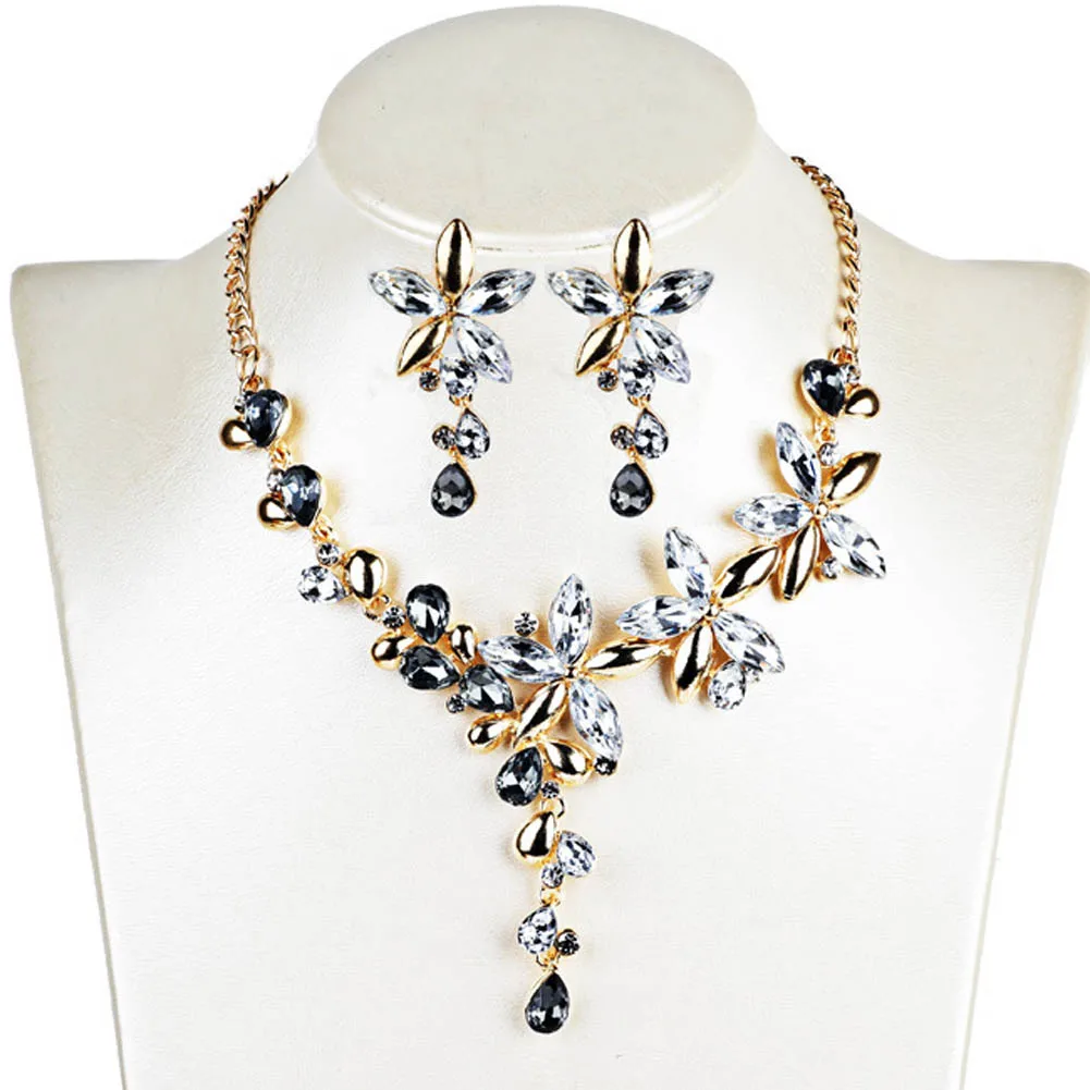 Женские короткие воротник Ожерелья для мужчин Jewelry Цвет кристалл пять листья цветы со стразами себе Готический Цепочки и ожерелья серьги комплект ювелирных изделий