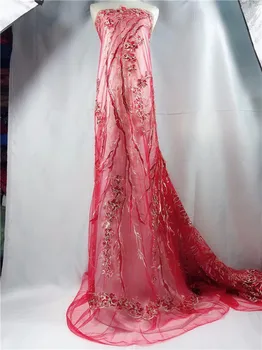 

African Lace Fabric 2018 High Quality beads Lace Embroidery Fabric 5Y French Tulle Lace Fabric With Beads For Wedding Bride red