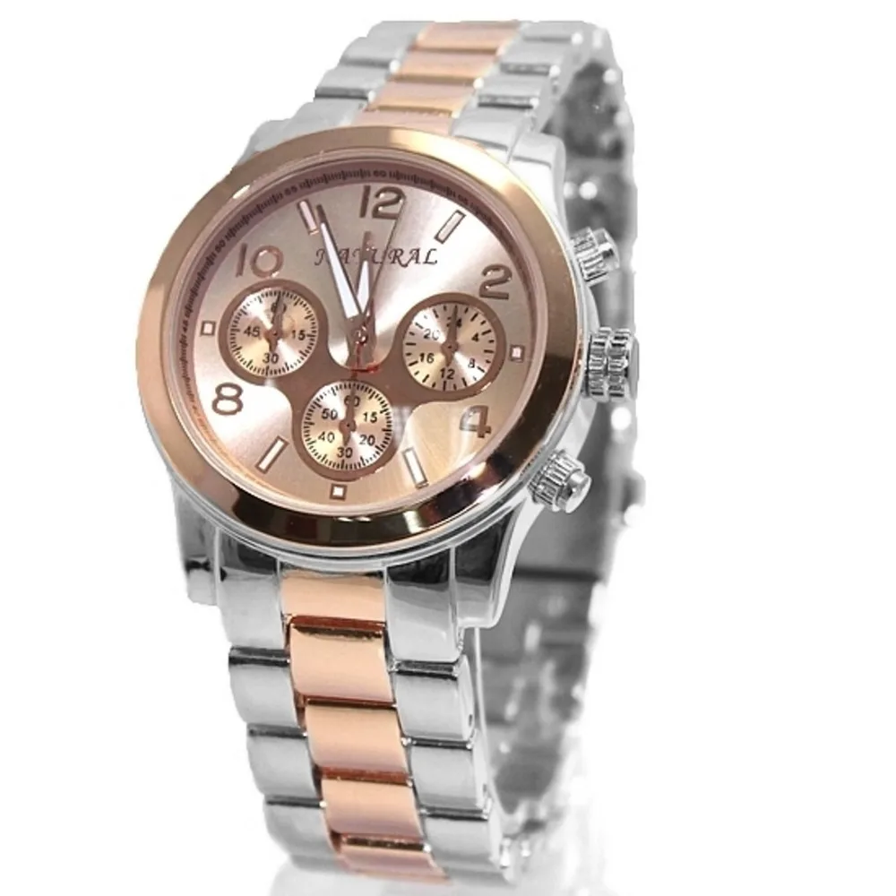 

Fahion Analog Quartz Round Wrist Watch Japan PC21J Movement Two-tone Metal Band Rose Gold Dial