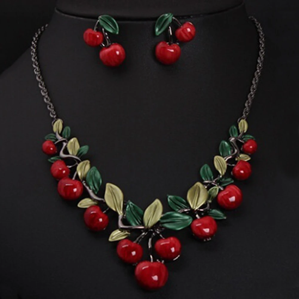 

1 Set Vintage Red Cherry Fruit Jewelry Set Chic Bridal Necklace Earrings