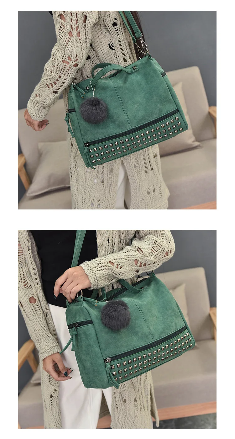 MJ Brand Design Women Handbag Fashion Suede Leather Top-Handle Bags Hair Ball Rivets Shoulder Bag Large Motorcycle Messenger Bag (5)