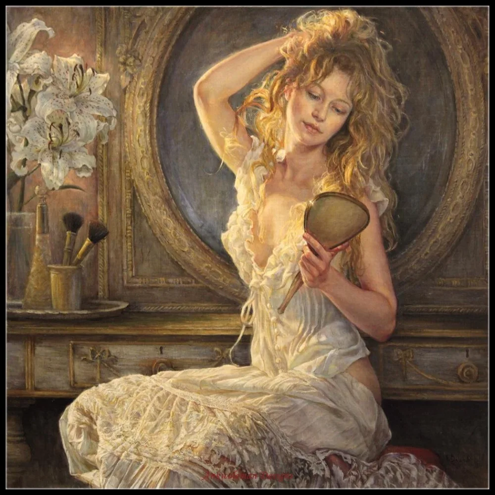 

Girl Looking in the Mirror - Counted Cross Stitch Kits - Handmade Needlework for Embroidery 14 ct Cross Stitch Sets DMC Color
