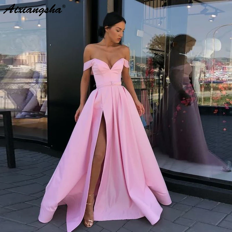 

Sweetheart A-Line Off the Shoulder Satin Yellow Prom Dress with Slit Pockets vestido de fiesta Long Prom Dresses 2019