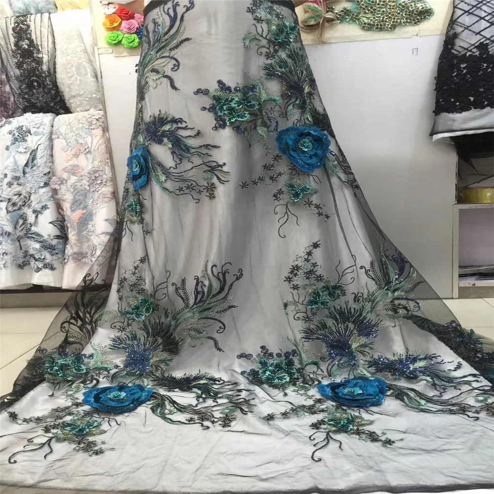 

High Quality Nigerian Lace Fabric 2018 With Beads African French Net Lace Fabric 3D Flower Embroidered Tulle Mesh Lace K37-2