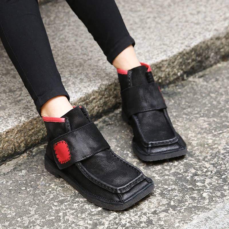 

2018 VALLU Square Toe Women Booties Genuine Leather Female Ankle Boots Magic Tape Vintage Design Lady Heeled Shoes