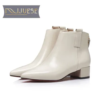 

MLJUESE 2019 women ankle boots cow leather slip on pointed toe short plush winter Chelsea boots women boots size 33-41