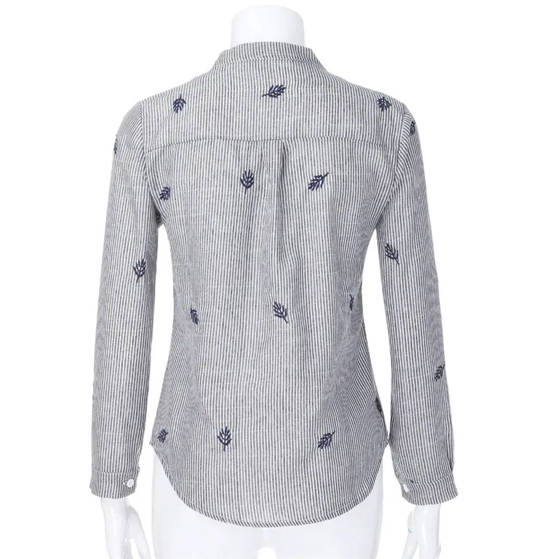Fashion womens tops and blouses summer Autumn 2018 Linen Striped Stand Collar Embroidery Long Sleeve Shirt camicette Y30#N  (6)