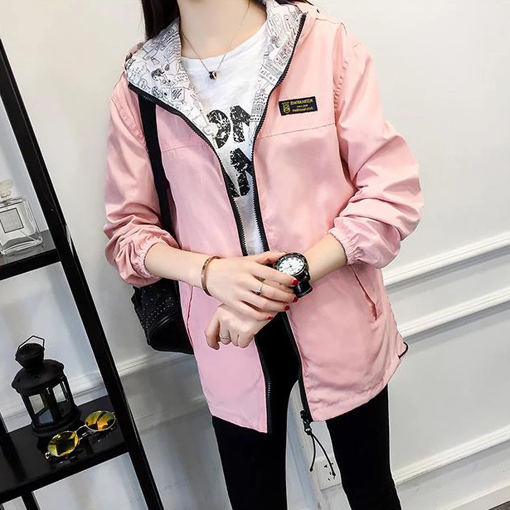 Fashion Girls Hooded Zipper Casual Coat Double side Wearing Long Sleeve Blouse