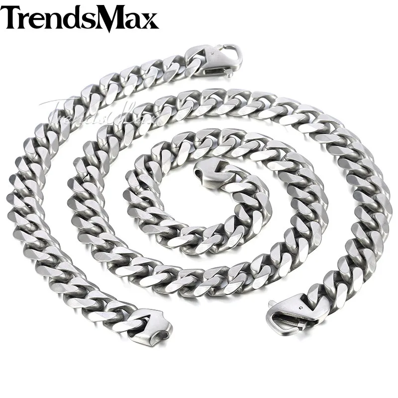 Trendsmax Matte Jewelry Set Mens Necklace Bracelet 316L Stainless Steel Chain Silver Tone Curb Cuban Link HS42