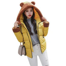 Женская зимняя куртка, милое короткое приталенное пальто-кокон для девочек, женское теплое пальто с капюшоном и ушками, плотное Стеганое пальто, куртка, верхняя одежда, парки CM1706