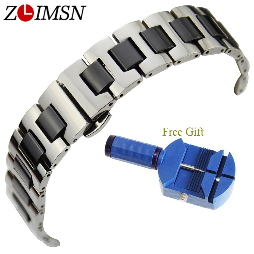 

ZLIMSN 16mm 20mm Watch Ceramic Bracelet Stainless Steel Watchband White or Black Wristband Strap Butterfly Buckle Free Gift
