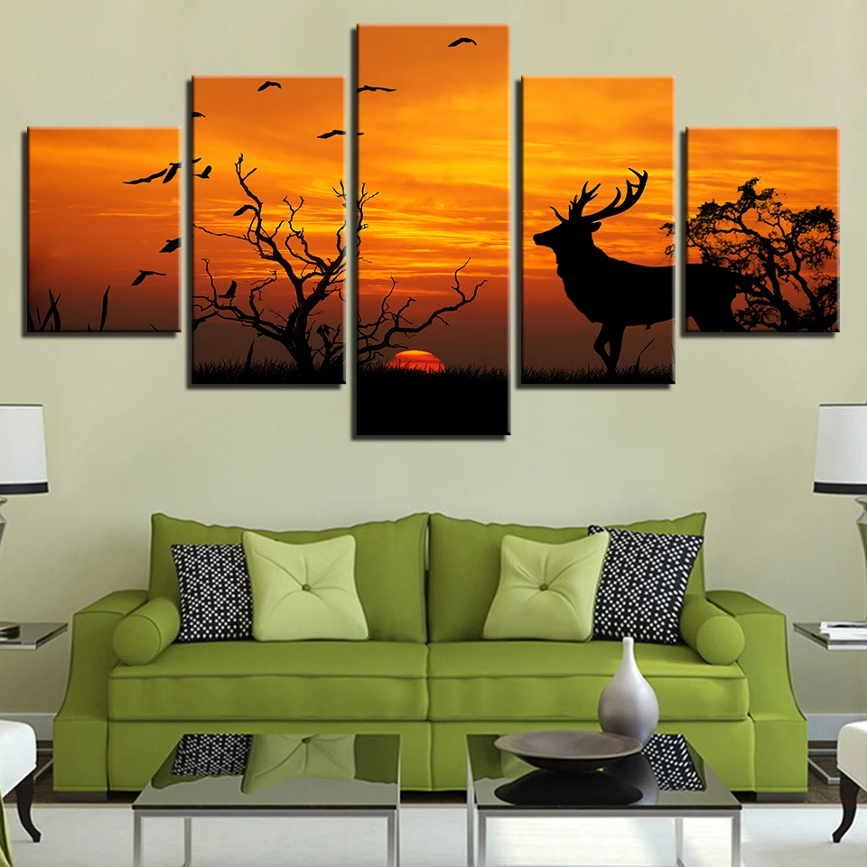 

Wall Art Canvas Painting Wall Pictures For Room Home Decorative 5 Panel Forest Animal Deer Sunset Silhouette Modular Pictures