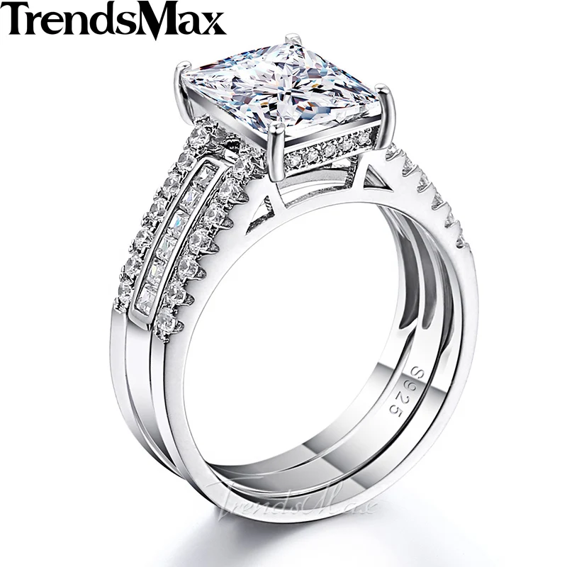 Trendsmax Princess Cut Cubic Zirconia Women Girls Band Ring 925 Sterling Silver Wedding Engagement 6.26-6.77 Carat KSRM01