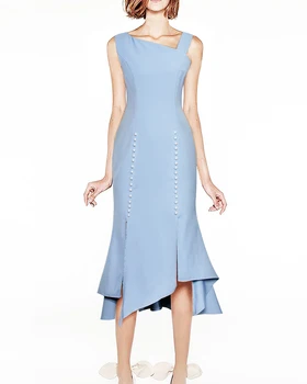 

Sexy Women Pearl Dress New Blue Solid Asymmetrical Long Dresses XL