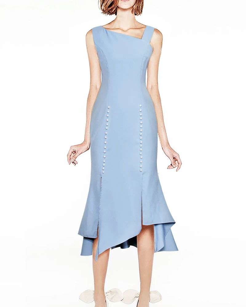 

Sexy Women Pearl Dress New Blue Solid Asymmetrical Long Dresses