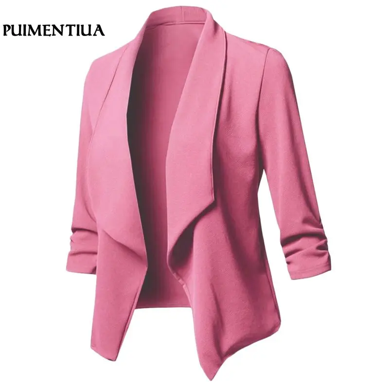 Puimentiua 2018 Для женщин блейзер Повседневное Твердые зубчатый Open Front Blazer Осень одноцветное офисные Для женщин костюм куртки Плюс Размеры