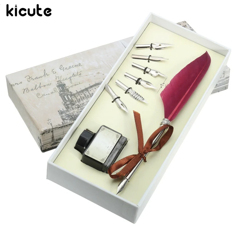 

Kicute Retro Quill Feather Dip Pen Set Writing Ink Set Gift Box with 5 Nib Wedding Gift Quill Pen Fountain Pen Color Random