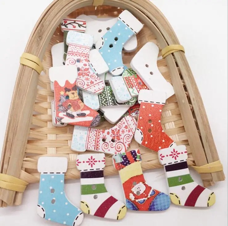 

100pcs 2 holes Christmas Sock Wood Buttons, 3cm, Christmas Decoration, Christmas Clothing button\Xmas Decor\ Toy DIY Craft XP26