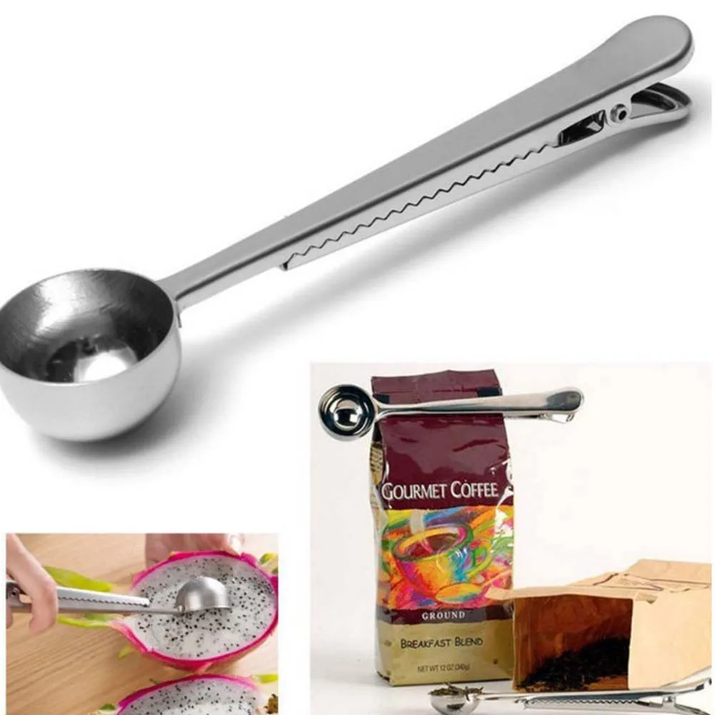 

Hot Style universal Heathful Cooking Tool Stainless 1 Cup Ground Coffee Measuring Scoop Spoon with Bag Sealing Clip Good Helper