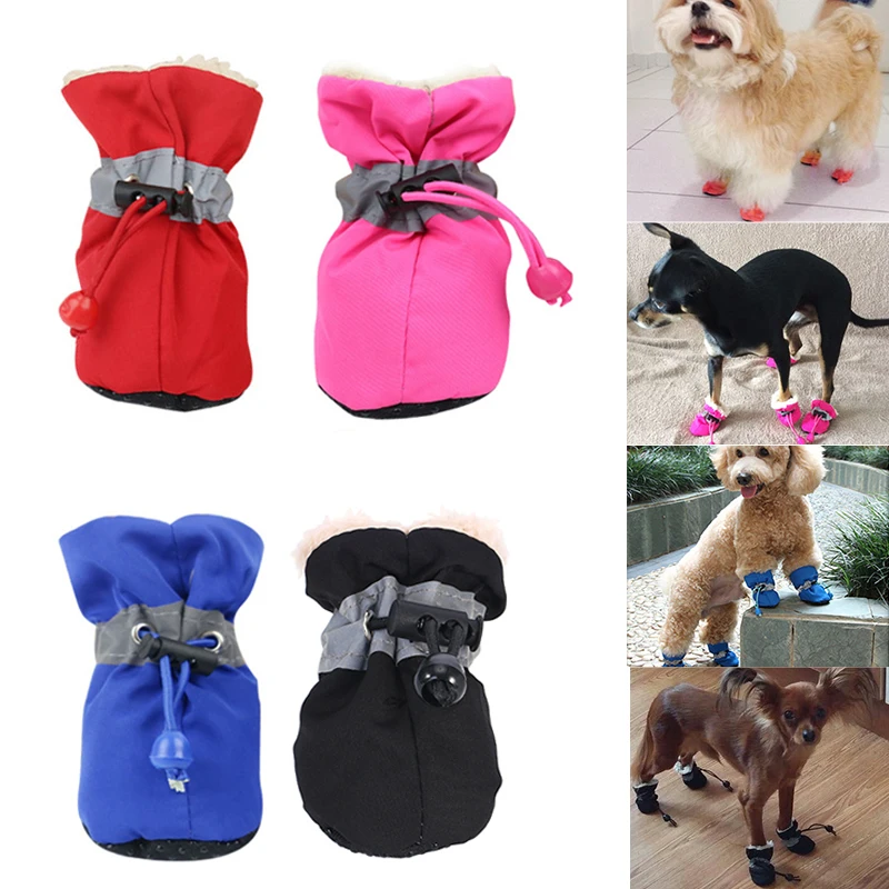 

4Pcs/Set Winter Waterproof Pet Dog Shoes Anti-slip Rain Snow Boots Thick Warm Cat Dog Footwear Convenient Drawstring Puppy Shoes