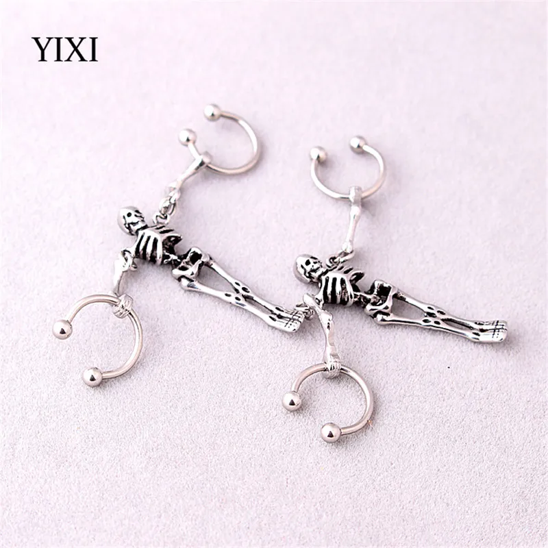 

YIXI Skeleton Earrings Silver Horseshoe Piercing Industrial Vintage Punk Stainless Steel Earrings For Men Women Biker Jewelry