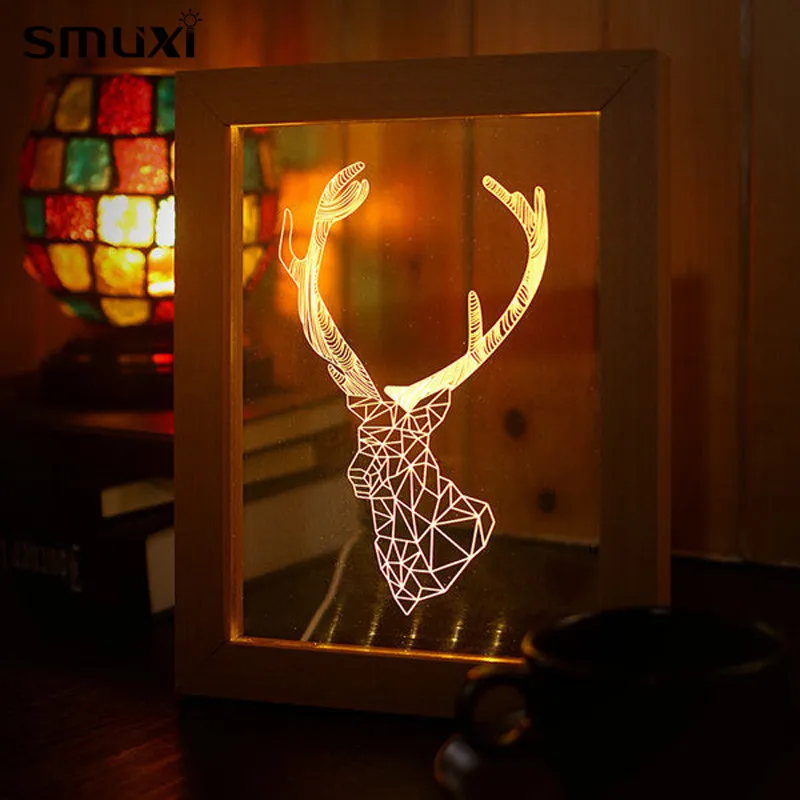 

Mrosaa Night Light Wooden Frame 3D Animal Deer Head Shape USB Power Festival Holiday Party Lamp Home Decor Novelty Lighting