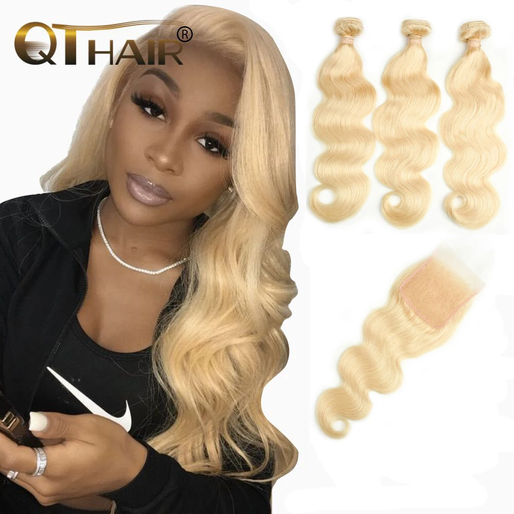 

QT 613 Blond Bundles With Closure Malaysian Body Wave With Closure Remy Blonde Human Hair Lace Closure With Bundles