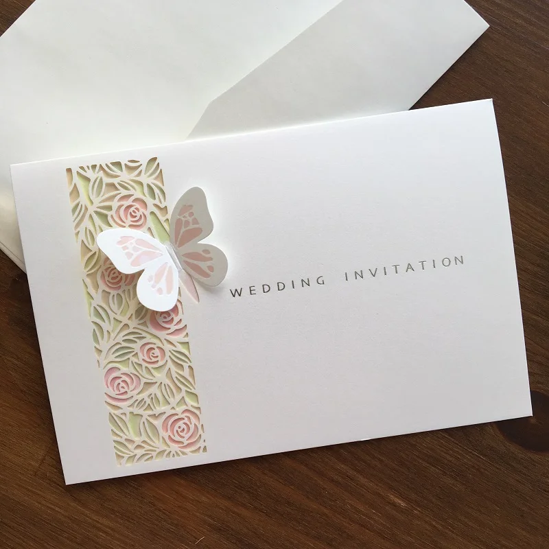 

L011 Elegant Wedding Invitation card classic desing while color with satin bow, 10 pcs per pack, 17*11cm