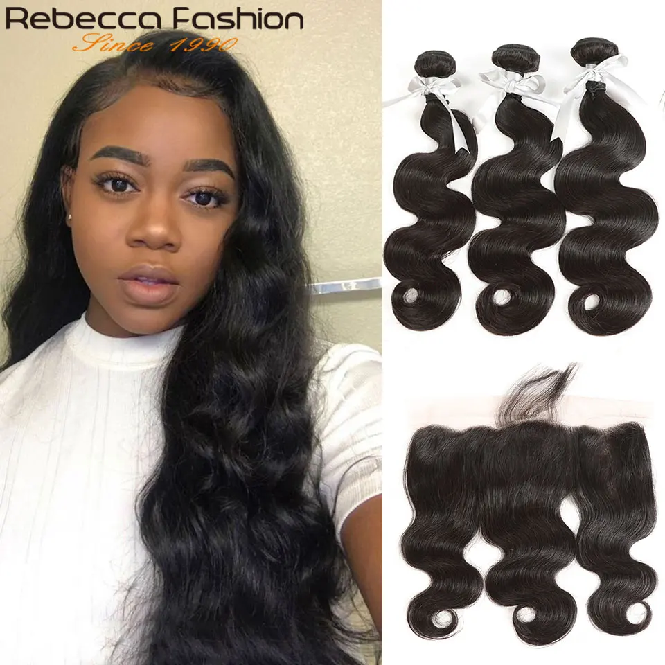 

Rebecca Fashion Remy Hair 13x4 Lace Frontal Closure With Bundles Malaysia Body Wave Human Hair 3/4 Bundles With Frontal